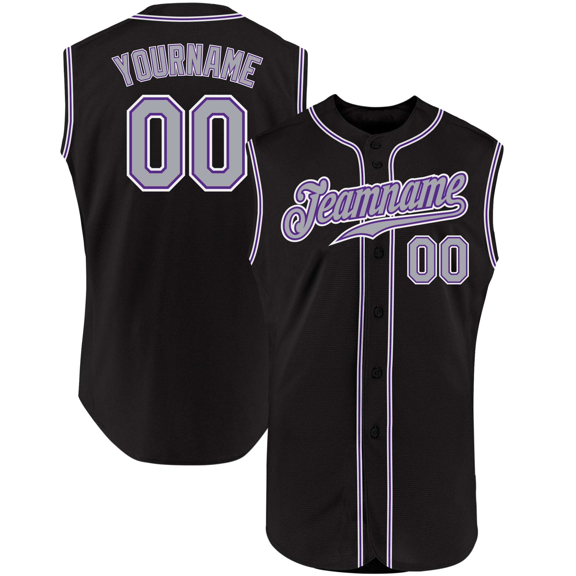 Personalized Baseball Jersey in Black, Gray, and Purple - Sleeveless Design Personalized Black Gray-Purple Sleeveless Baseball