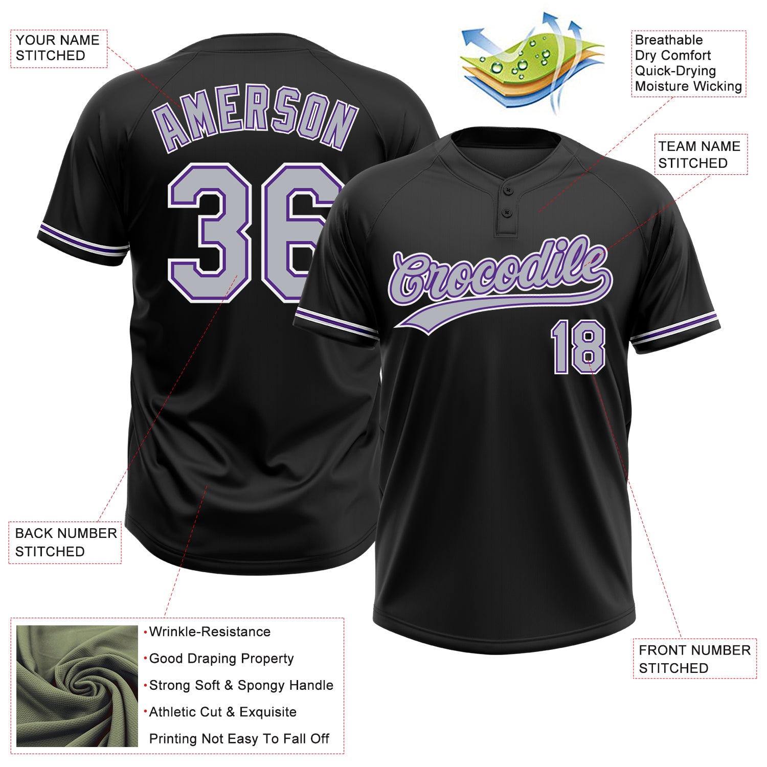 Personalized Black Gray-Purple Two-Button Unisex Softball Jersey Personalized Unisex Softball Jersey - Black Gray-Purple Two-Button Design Personalized Black Gray-Purple Two-Button Unisex - Image 3