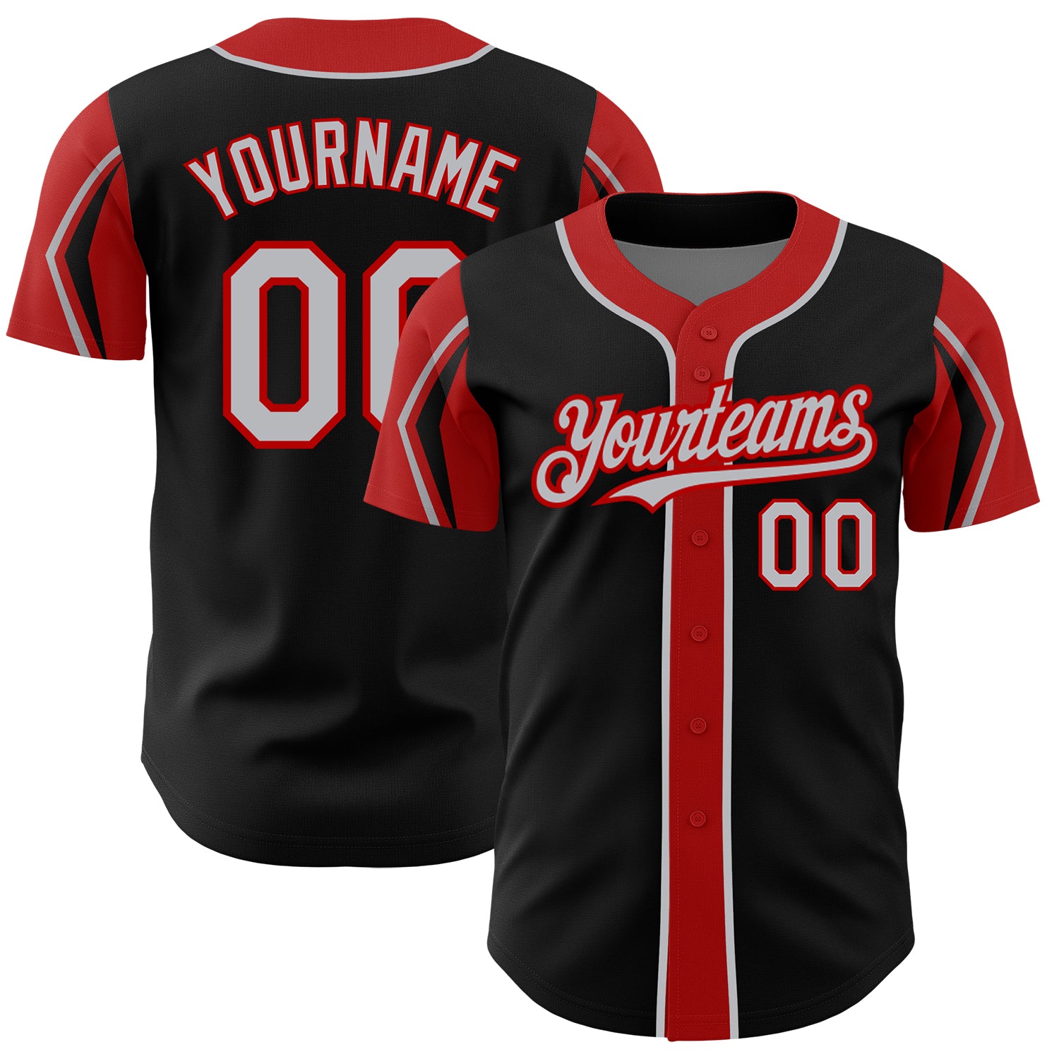Personalized Baseball Jersey in Black Gray Red Colors with Arm Shapes Personalized Black Gray-Red 3 Colors Arm Shapes Baseball