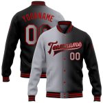 Custom Name Number Black Gray Red Bomber Varsity Jacket Fashion Gradient Full-Snap Letterman Personalized Black Gray-Red