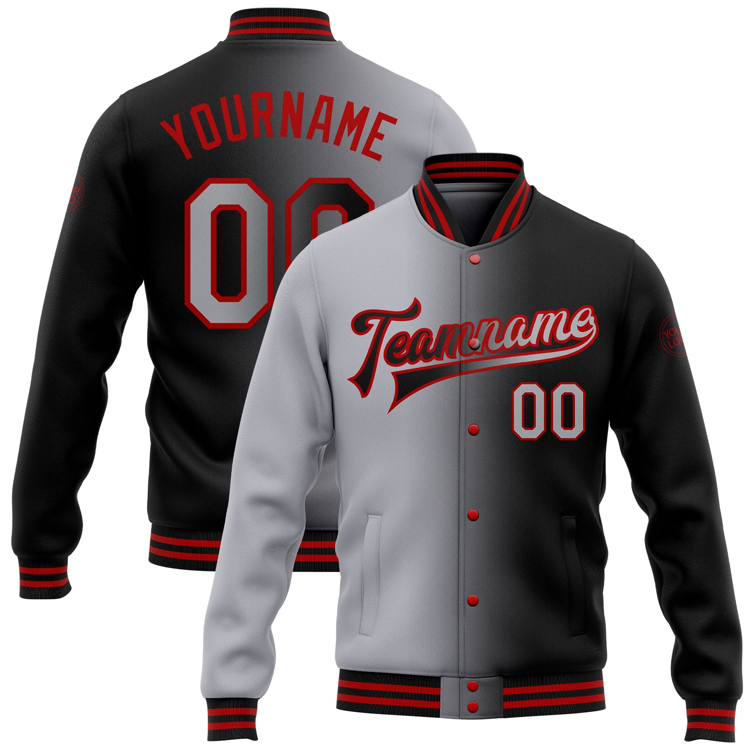 Custom Name Number Black Gray Red Bomber Varsity Jacket Fashion Gradient Full-Snap Letterman Personalized Black Gray-Red