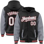 Custom Varsity Letterman Hoodie Jacket - Personalized Two Tone Bomber in Black Gray-Red with Team Name and Number Personalized