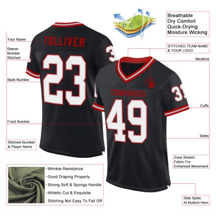 Personalized Black Gray Red Throwback Football Jersey - Custom Sports Apparel Personalized Black Gray-Red Mesh Throwback