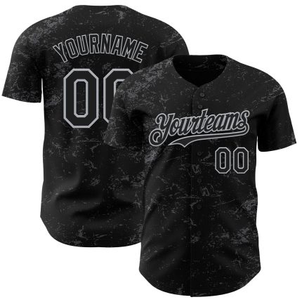 Custom Name and Number Baseball Jersey - Personalized Black and Gray 3D Splatter Texture Design, Unique Team Apparel Personalized