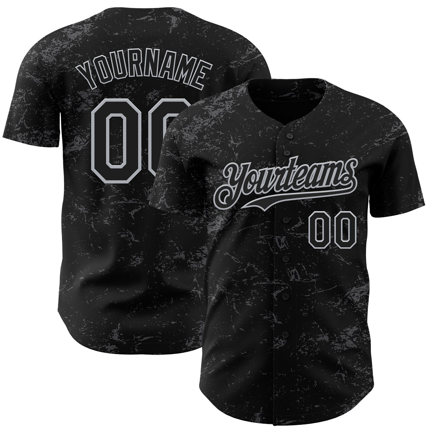 Custom Name and Number Baseball Jersey - Personalized Black and Gray 3D Splatter Texture Design, Unique Team Apparel Personalized