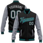 Personalized Two Tone Black Gray-Teal Varsity Letterman Bomber Full-Snap Jacket Personalized Black Gray-Teal Bomber Full-Snap