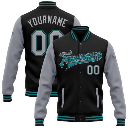 Personalized Two Tone Black Gray-Teal Varsity Letterman Bomber Full-Snap Jacket Personalized Black Gray-Teal Bomber Full-Snap
