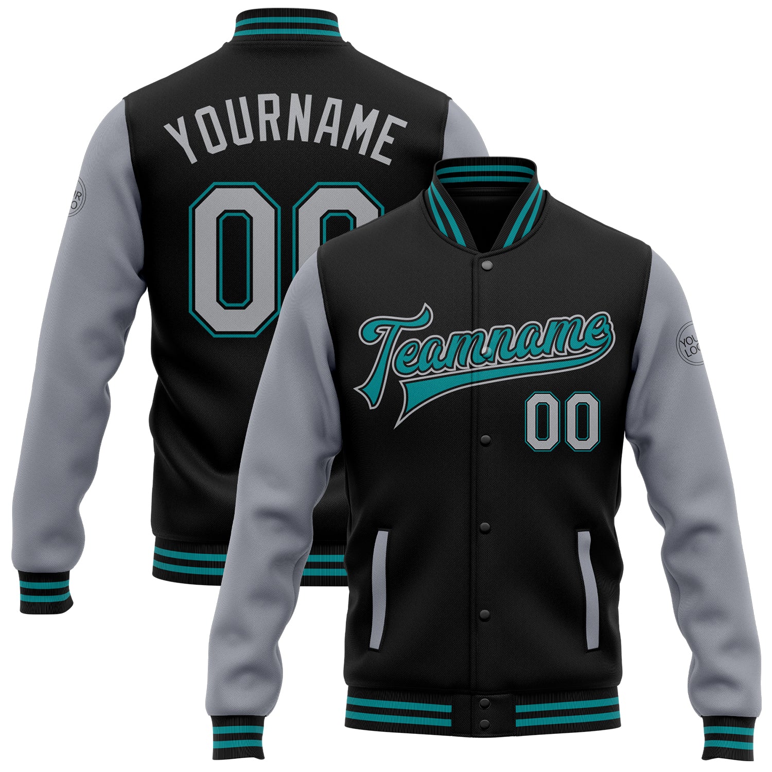 Custom Name and Number Personalized Varsity Letterman Jacket Black Gray-Teal Bomber Full-Snap Design Personalized Black Gray-Teal