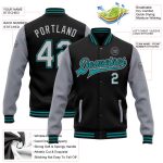 Custom Name and Number Personalized Varsity Letterman Jacket Black Gray-Teal Bomber Full-Snap Design Personalized Black Gray-Teal