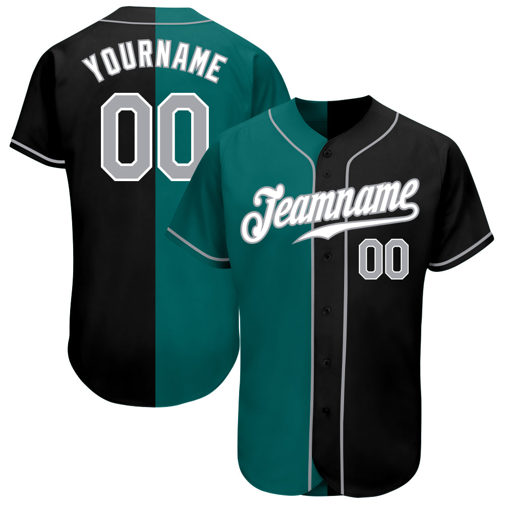 Personalized Fashion Baseball Jersey in Black, Gray, and Teal Split Design Personalized Black Gray-Teal Split Fashion Baseball