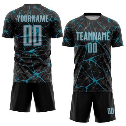 Custom Name and Number Soccer Uniform Jersey for Team - Personalized Black Gray-Teal Sublimation Design Personalized Black