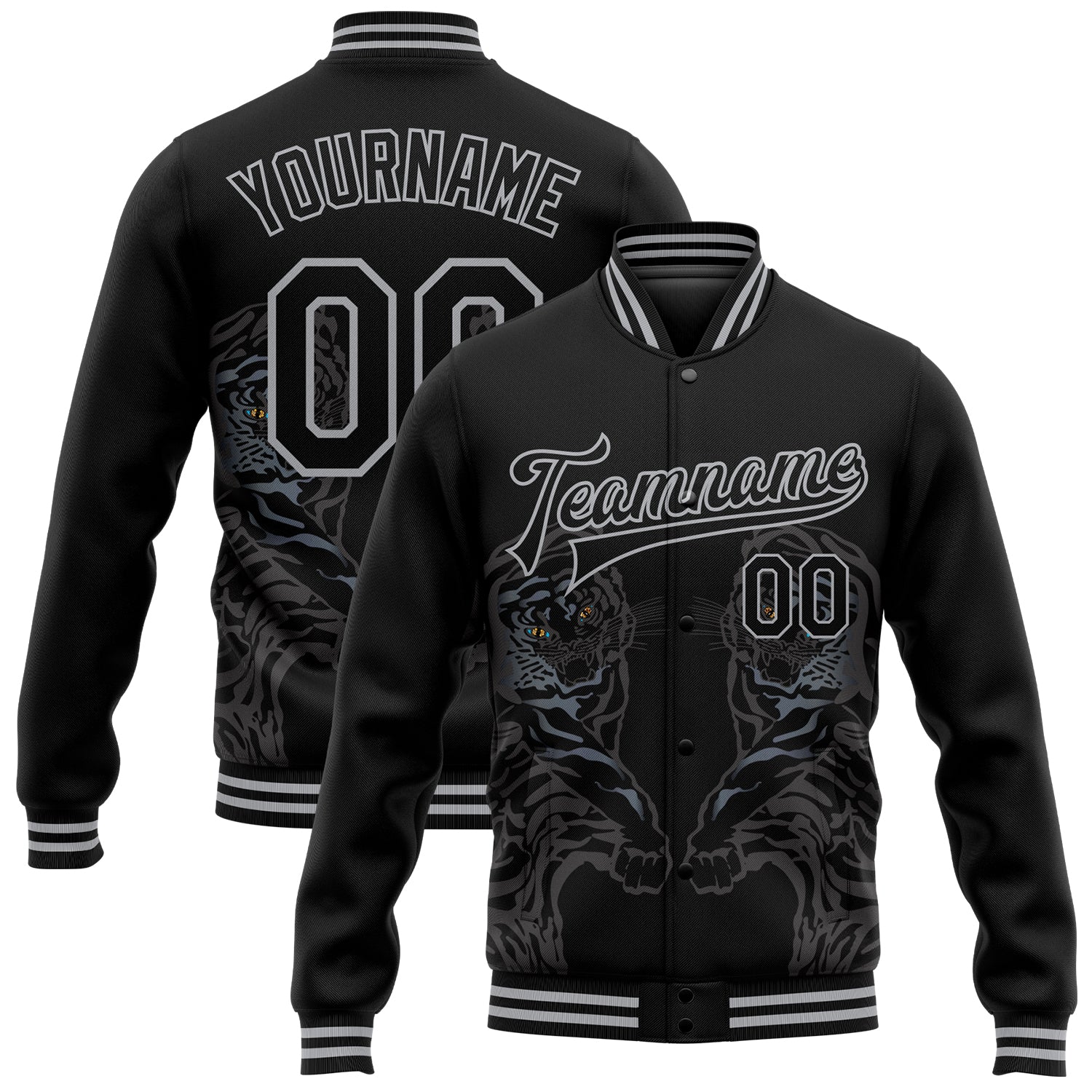 Personalized Tiger 3D Varsity Letterman Jacket - Black Gray Full-Snap Bomber Personalized Black Gray Tiger 3D Bomber Full-Snap