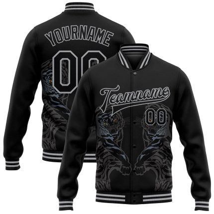 Custom Name and Number Black Gray Tiger 3D Varsity Letterman Bomber Jacket Personalized Black Gray Tiger 3D Pattern Design