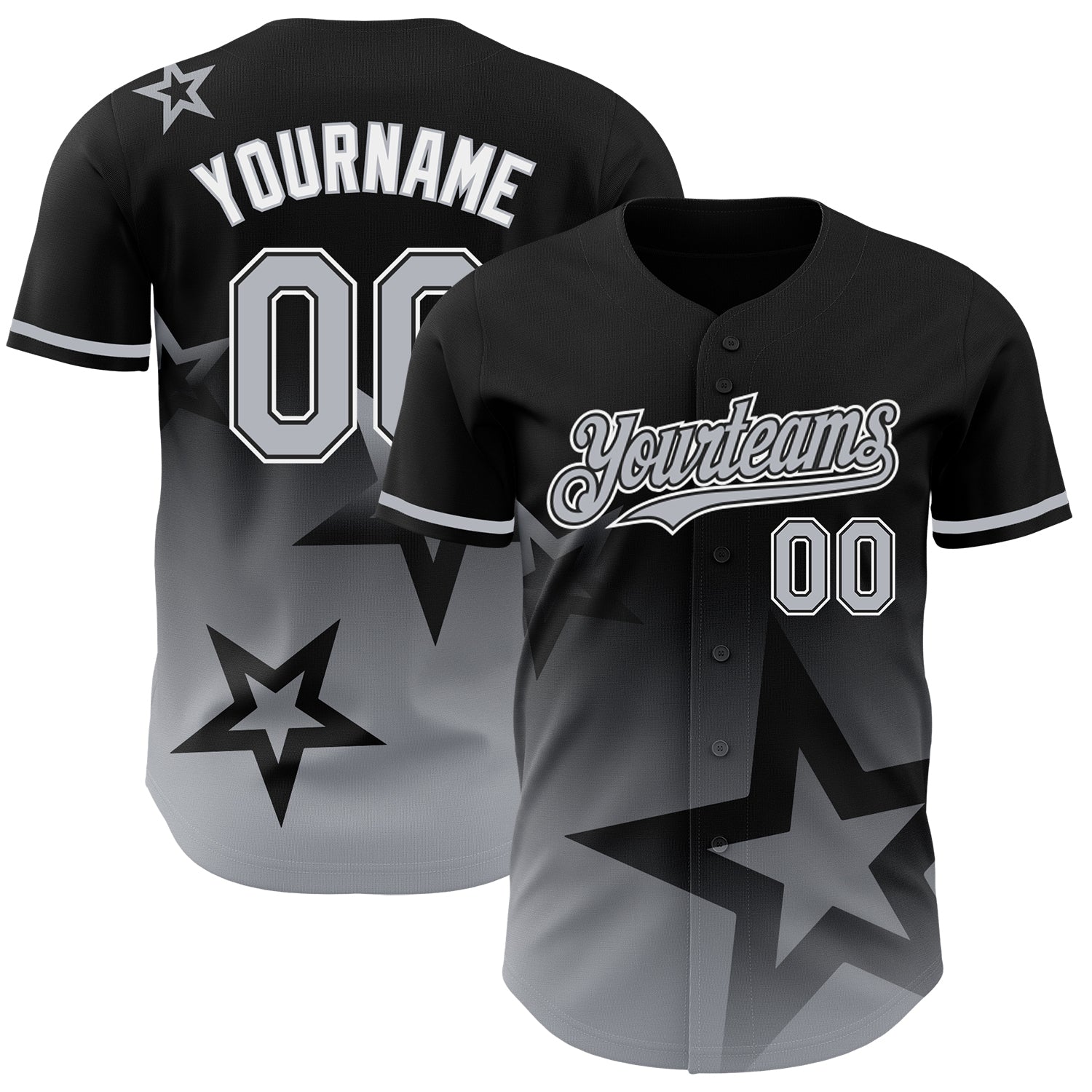 Personalized 3D Gradient Twinkle Star Baseball Jersey in Black and Gray-White Personalized Black Gray-White 3D Gradient Style