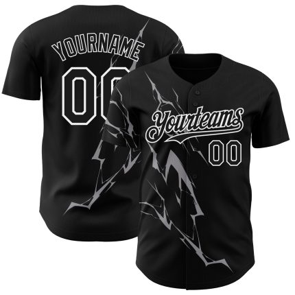 Custom Name Number Baseball Jersey - Personalized 3D Lightning Design in Black Gray White Personalized Black Gray-White 3D