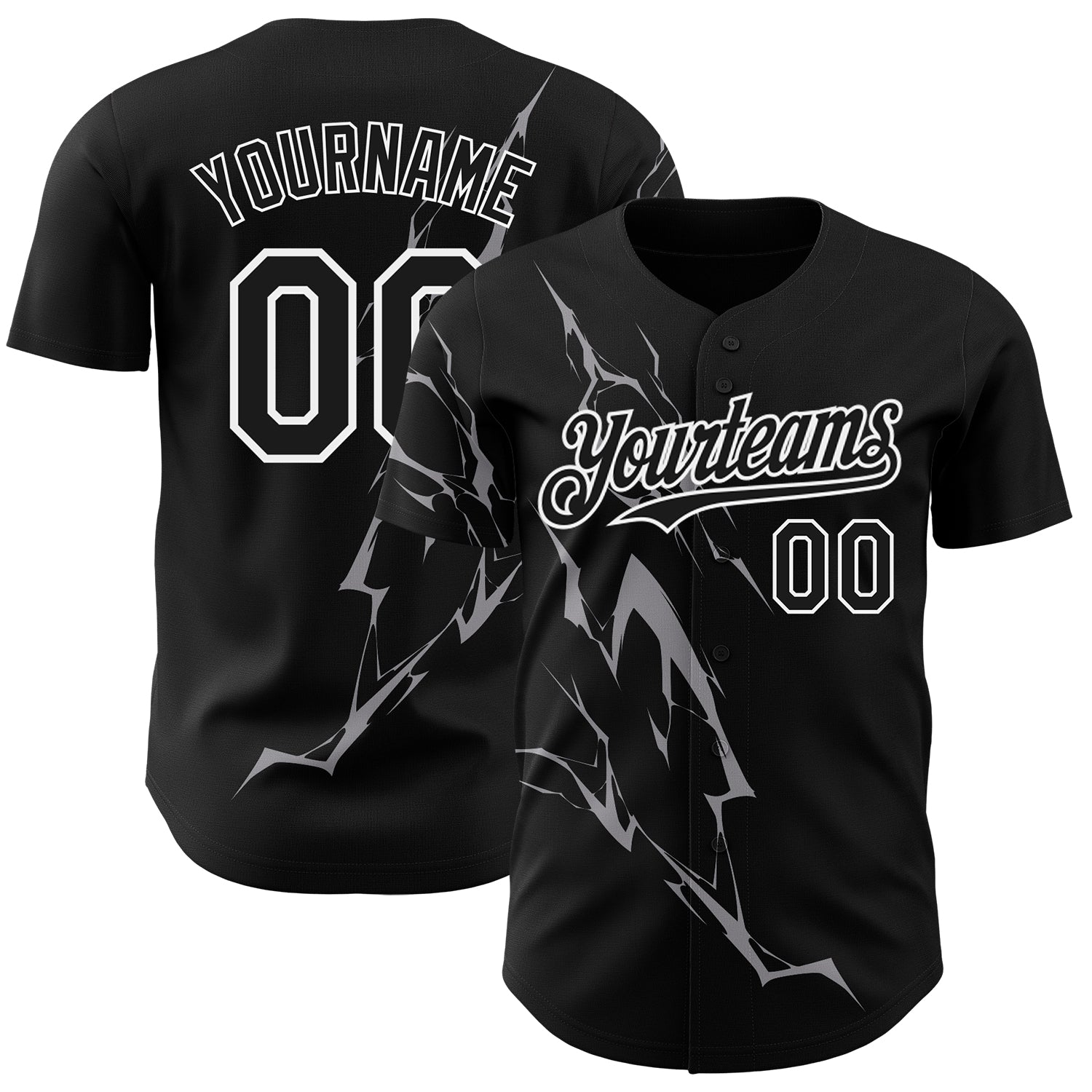 Custom Name Number Baseball Jersey - Personalized 3D Lightning Design in Black Gray White Personalized Black Gray-White 3D