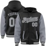 Custom Name Number Bomber Hoodie Jacket Black Gray White Varsity Letterman Full-Snap Two Tone Style Personalized Black Gray-White