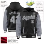 Custom Name Number Bomber Hoodie Jacket Black Gray White Varsity Letterman Full-Snap Two Tone Style Personalized Black Gray-White