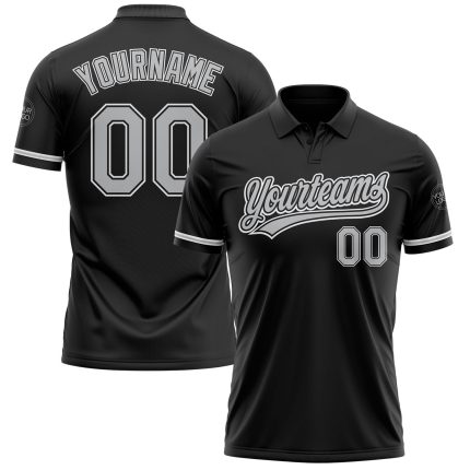 Custom Performance Vapor Golf Polo Shirt - Personalized Black Gray-White with Team Name and Number Personalized Black Gray-White