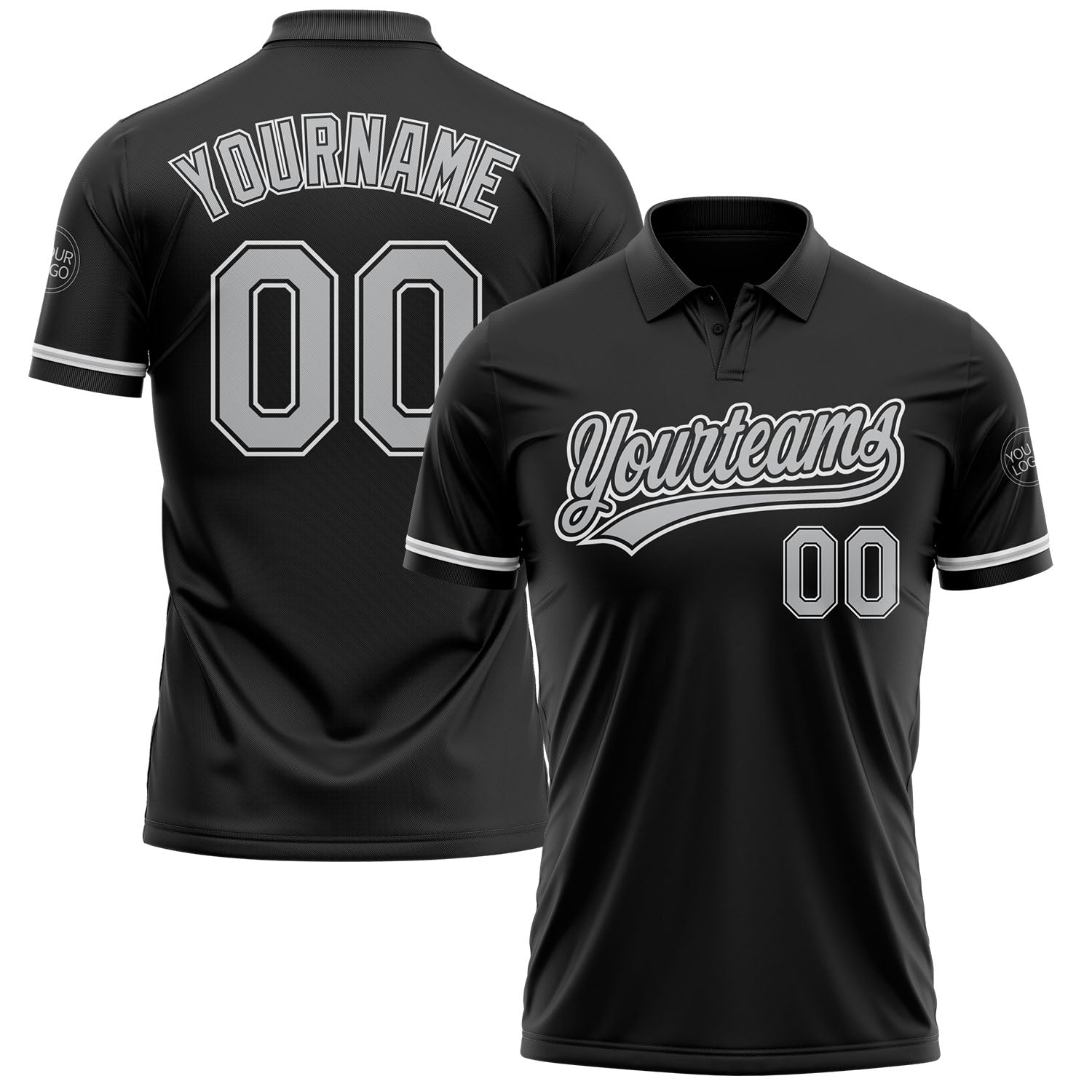 Custom Performance Vapor Golf Polo Shirt - Personalized Black Gray-White with Team Name and Number Personalized Black Gray-White