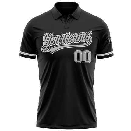 Custom Performance Vapor Golf Polo Shirt - Personalized Black Gray-White with Team Name and Number Personalized Black Gray-White