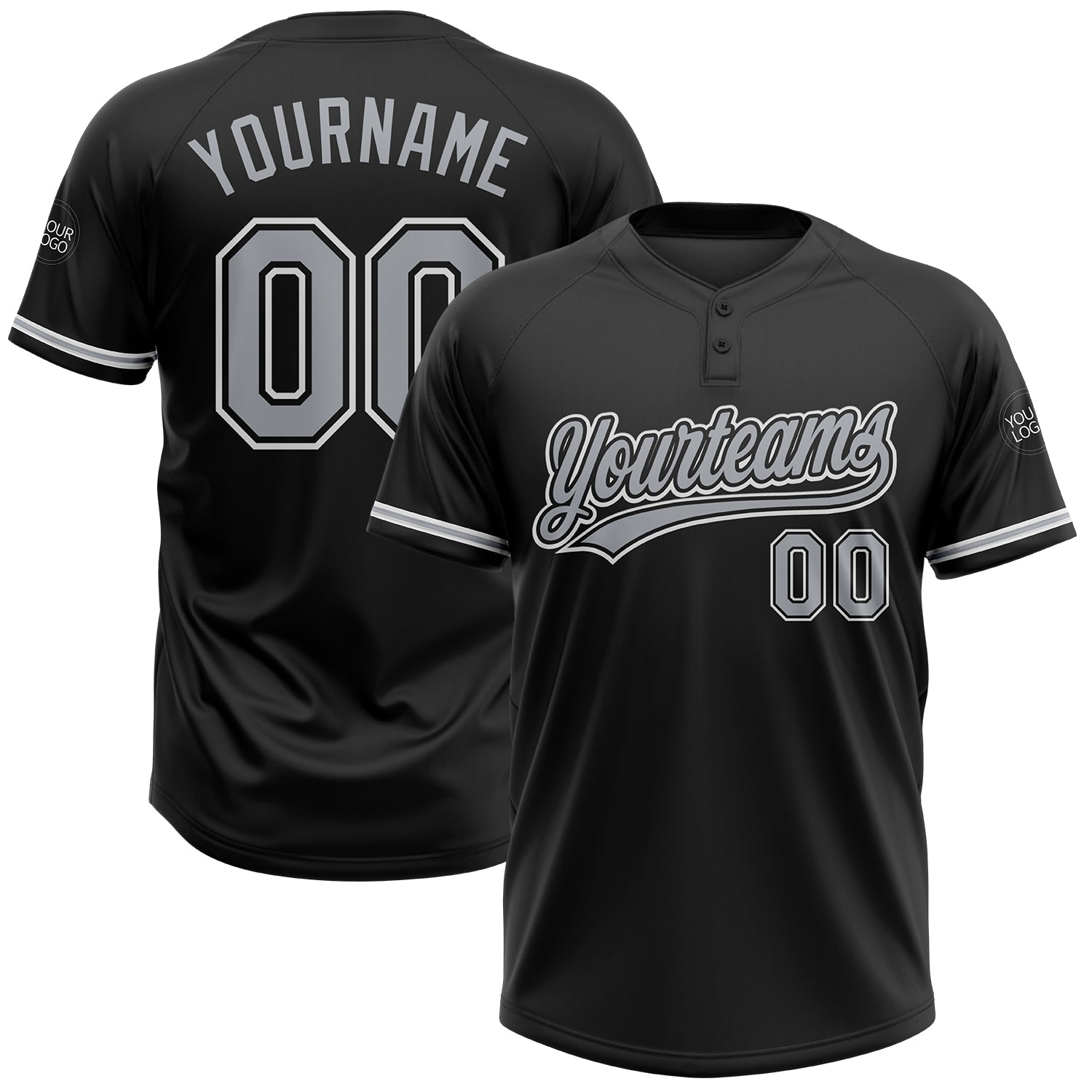 Personalized Unisex Softball Jersey - Black Gray White Two-Button Design Personalized Black Gray-White Two-Button Unisex