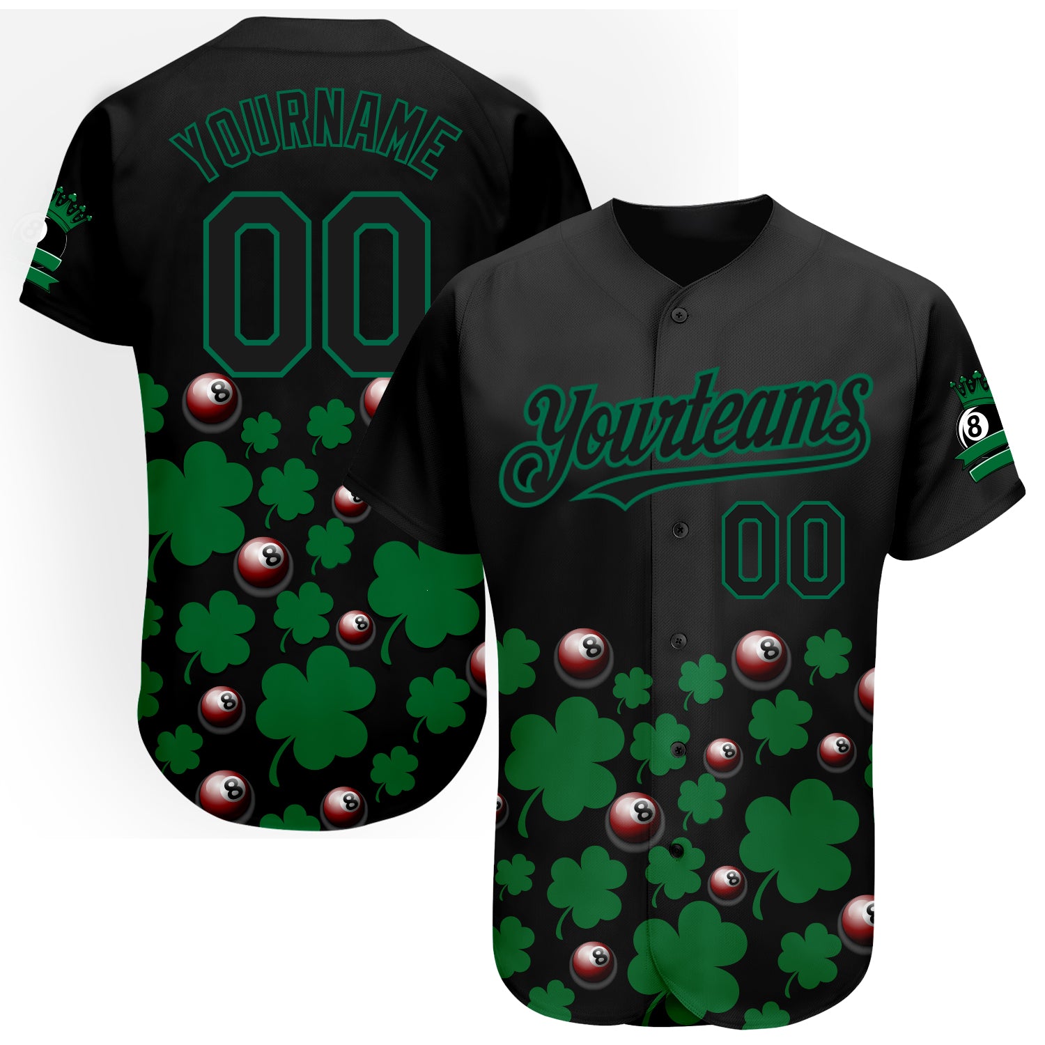 Custom St. Patricks Day Black Green 3D Clovers Billiards Balls Baseball Jersey Personalized Black Green 3D Clovers And Billiards