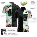 Custom Name and Number Golf Polo Shirt, Personalized Black Green 3D Tropical Hawaii Palm Leaves Design Personalized Black