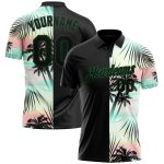 Custom Name and Number Golf Polo Shirt, Personalized Black Green 3D Tropical Hawaii Palm Leaves Design Personalized Black