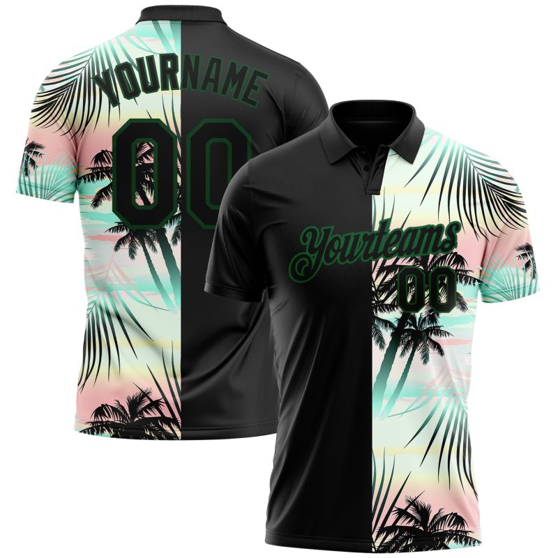 Personalized 3D Tropical Hawaii Palm Leaves Black Green Golf Polo Shirt Personalized Black Green 3D Tropical Hawaii Palm