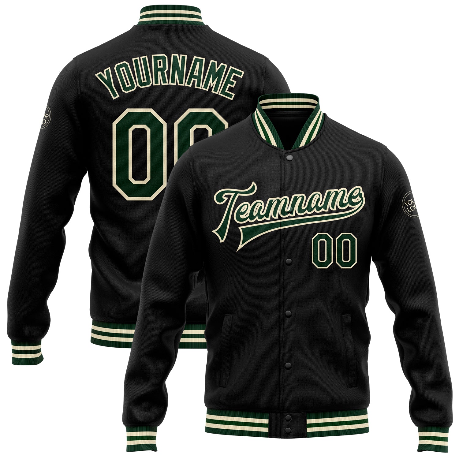 Personalized Bomber Varsity Letterman Jacket Black Green-Cream Full-Snap Personalized Black Green-Cream Bomber Full-Snap