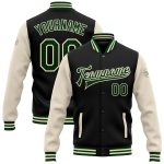 Custom Name Number Two Tone Black Green Cream Bomber Varsity Letterman Jacket - Personalized Full-Snap Team Jacket Personalized