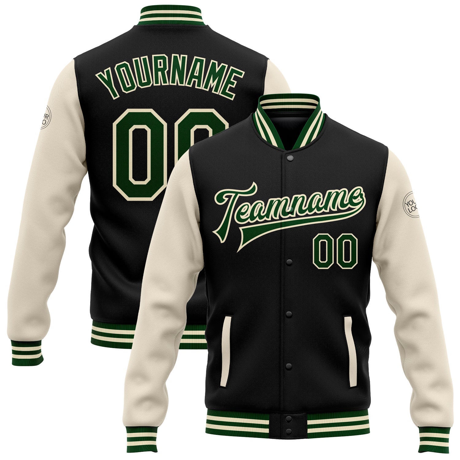 Custom Name Number Two Tone Black Green Cream Bomber Varsity Letterman Jacket - Personalized Full-Snap Team Jacket Personalized