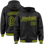 Custom Name and Number Varsity Letterman Hoodie Jacket Black Green-Gold Bomber Style Full-Snap Personalized Black Green-Gold
