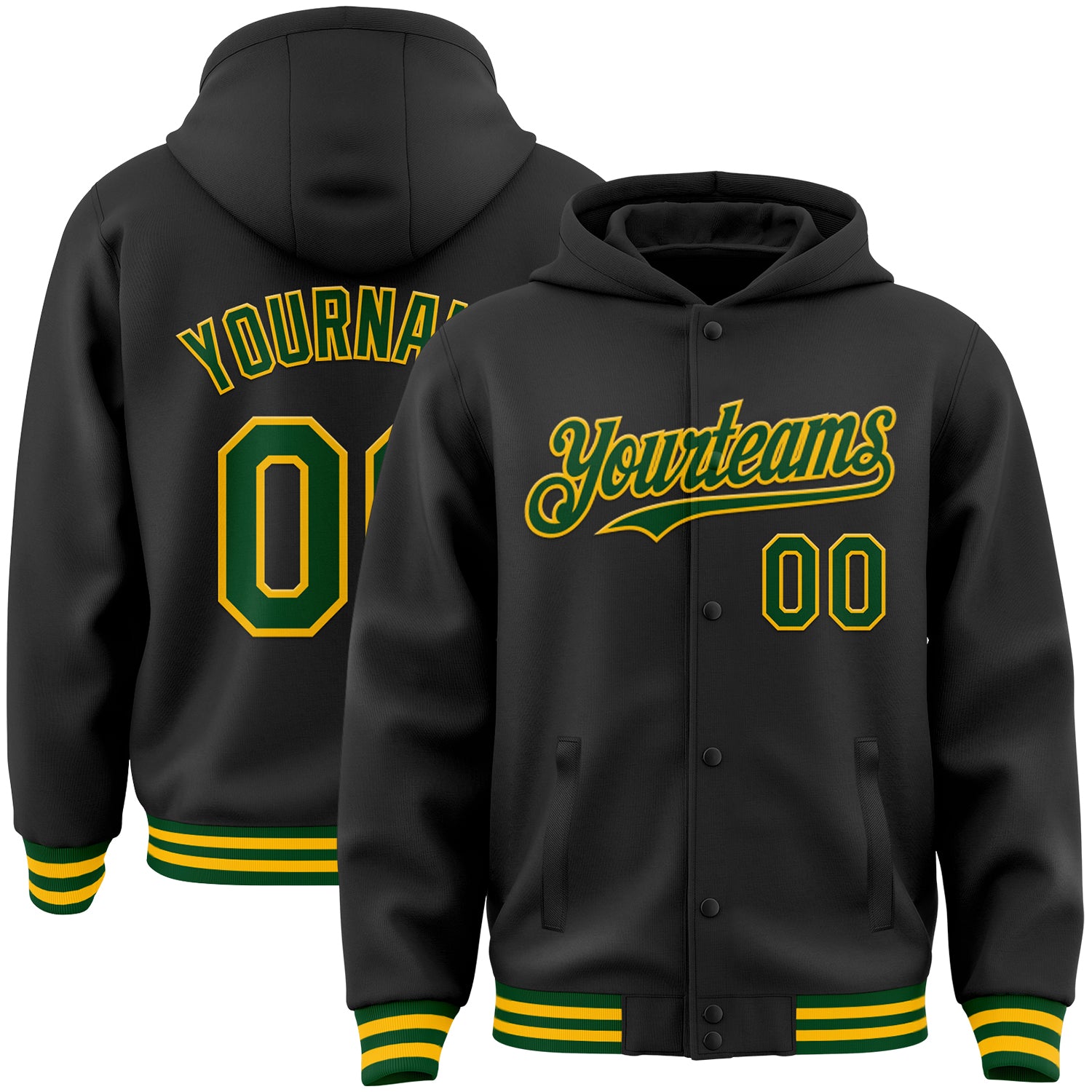 Custom Name and Number Varsity Letterman Hoodie Jacket Black Green-Gold Bomber Style Full-Snap Personalized Black Green-Gold