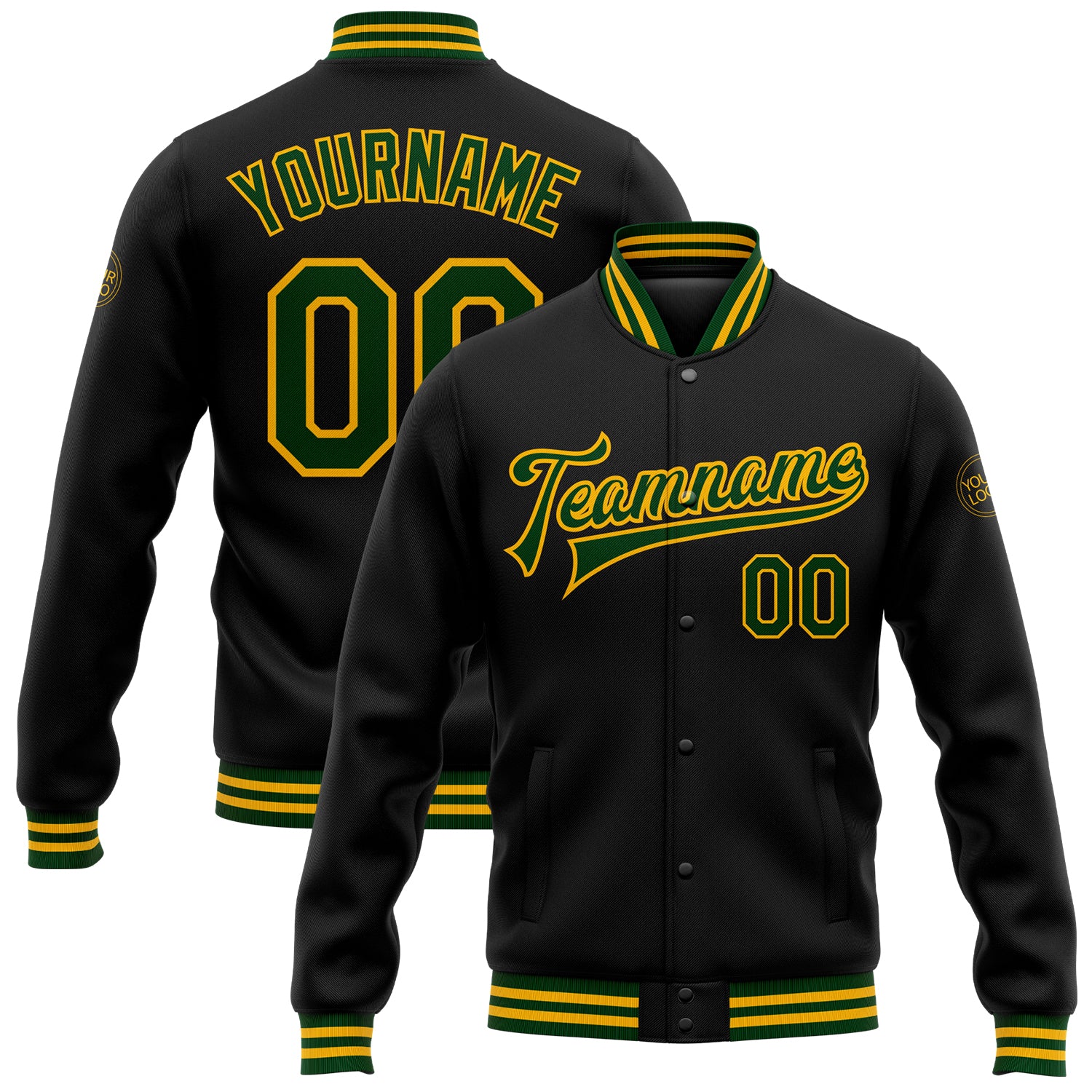 Personalized Bomber Jacket Black Green Gold Full Snap Varsity Letterman Personalized Black Green-Gold Bomber Full-Snap Varsity