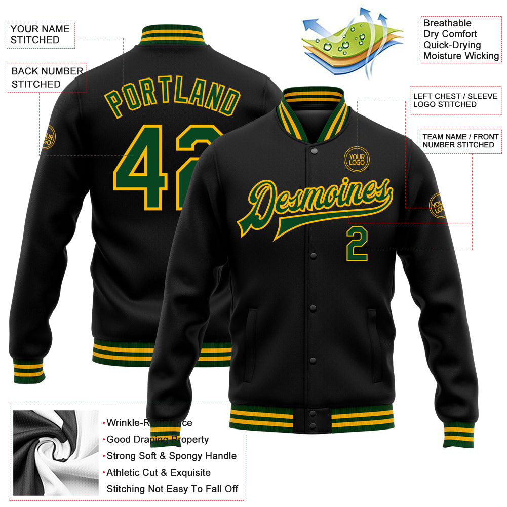 Personalized Black Green-Gold Bomber Full-Snap Varsity Letterman Jacket Team Custom Name and Number Custom Varsity Letterman Jacket with Personalized Name & Number - Black Green-Gold Full-Snap Bomber Personalized Black Green-Gold - Image 3
