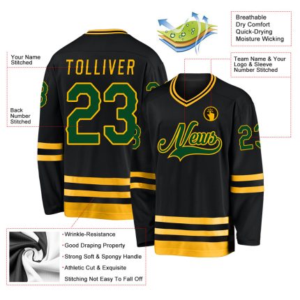 Customizable Black Green and Gold Hockey Jersey for Players and Fans Personalized Black Green-Gold Hockey Jersey