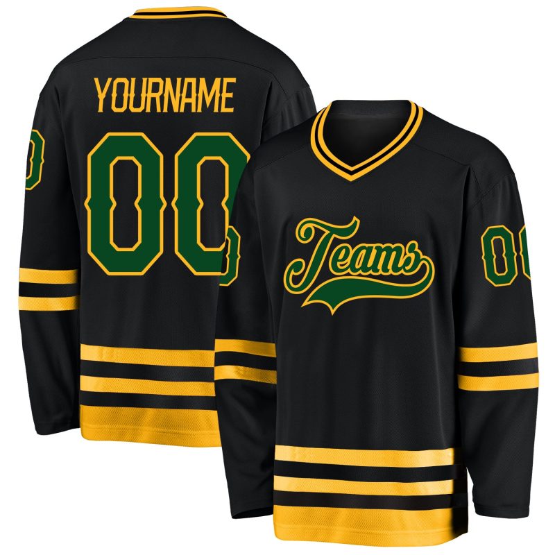 Custom Black Green Gold Hockey Jersey with Personalized Name and Number Personalized Black Green-Gold Hockey Jersey Team