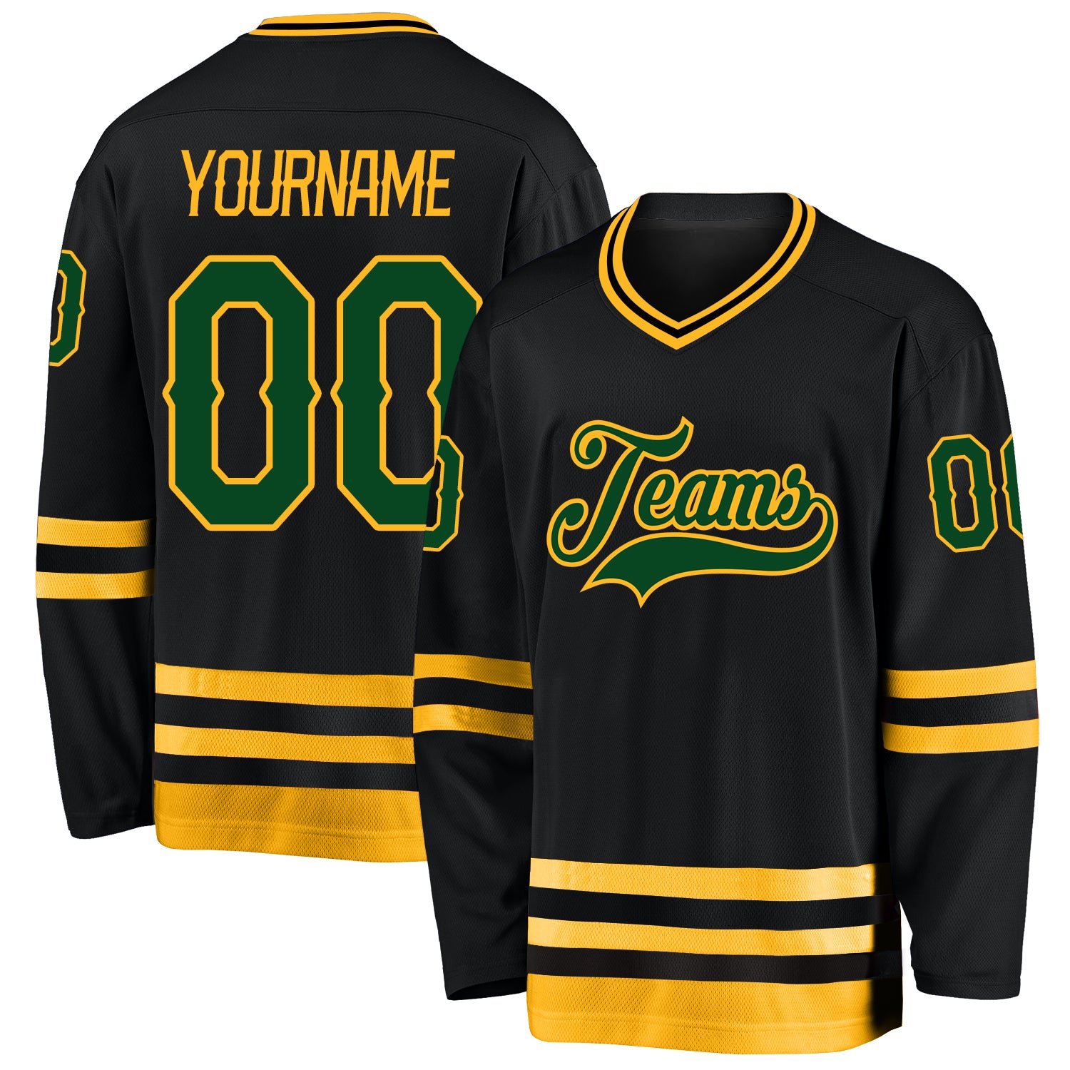 Custom Black Green Gold Hockey Jersey with Personalized Name and Number Personalized Black Green-Gold Hockey Jersey Team
