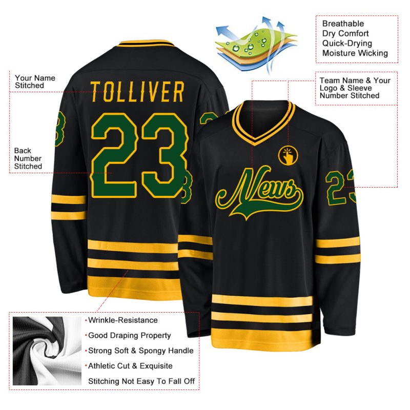 Custom Black Green Gold Hockey Jersey with Personalized Name and Number Personalized Black Green-Gold Hockey Jersey Team