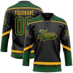 Personalized Black Green Gold Hockey Jersey with Lace Neck Design Personalized Black Green-Gold Hockey Lace Neck Jersey