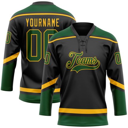 Personalized Black Green Gold Hockey Jersey with Lace Neck Design Personalized Black Green-Gold Hockey Lace Neck Jersey