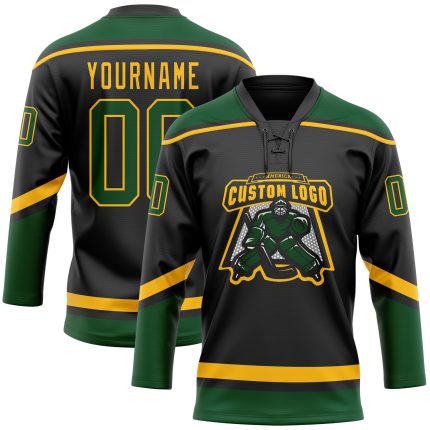Personalized Black Green Gold Hockey Jersey with Lace Neck Design Personalized Black Green-Gold Hockey Lace Neck Jersey