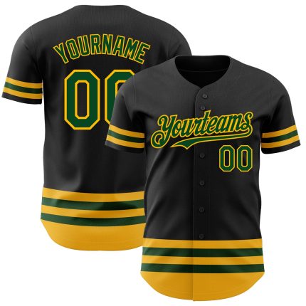 Custom Name and Number Authentic Baseball Jersey - Personalized Black Green-Gold Line Team Style Personalized Black Green-Gold