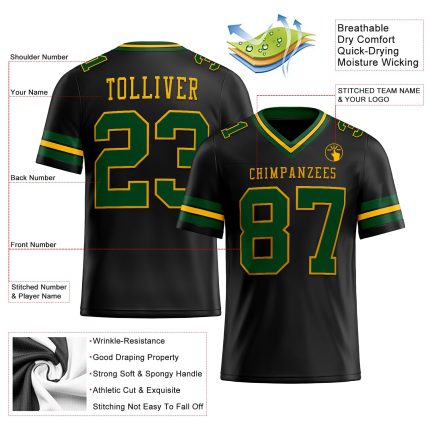 Custom Name Number Football Jersey - Personalized Black Green-Gold Mesh Authentic Team Jersey Personalized Black Green-Gold
