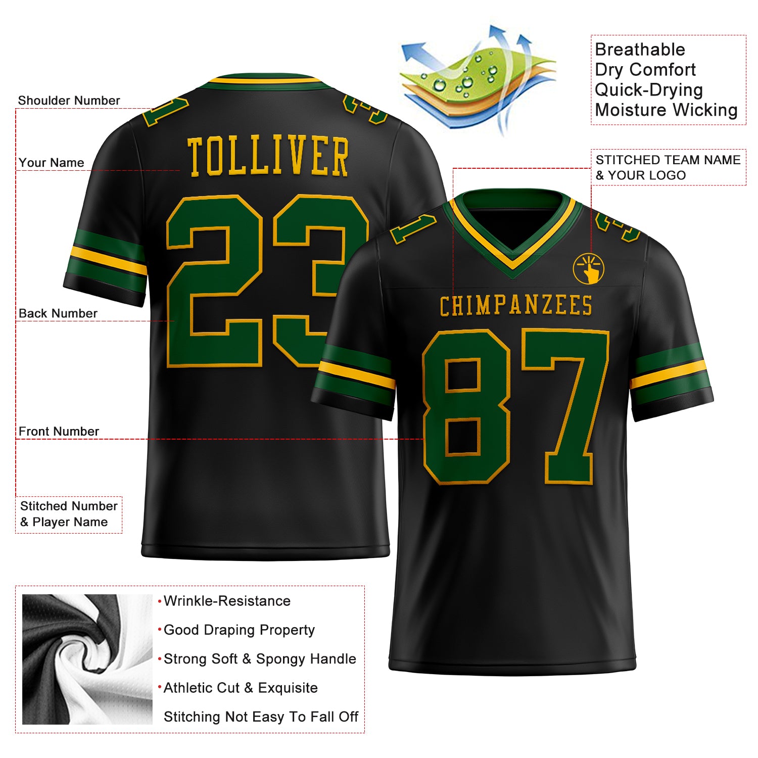 Personalized Black Green-Gold Mesh Authentic Football Jersey Team Custom Name and Number Custom Name Number Football Jersey - Personalized Black Green-Gold Mesh Authentic Team Jersey Personalized Black Green-Gold - Image 2