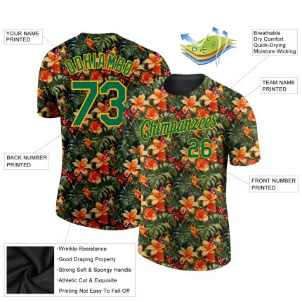 Personalized Tropical Hawaii Plant Performance T-Shirt with 3D Pattern, Custom Black Green-Yellow Design, Team Name & Number