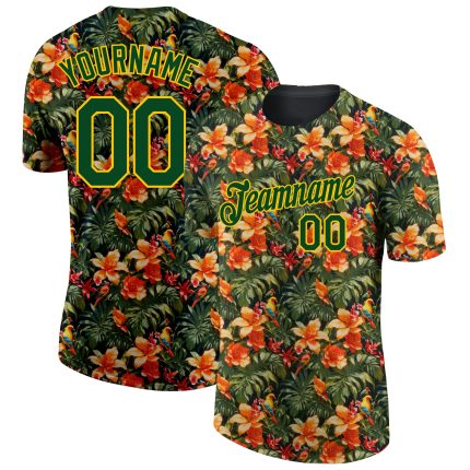 Personalized Tropical Hawaii Plant Performance T-Shirt with 3D Pattern, Custom Black Green-Yellow Design, Team Name & Number