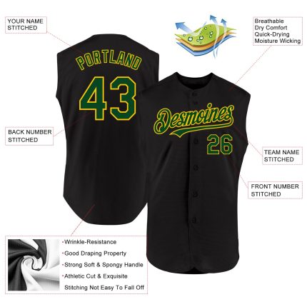Custom Name & Number Authentic Baseball Jersey - Personalized Black Green-Yellow Sleeveless Team Apparel Personalized Black